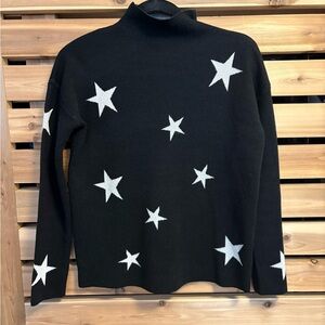Tahari Black White Star Mockneck Knit Sweater